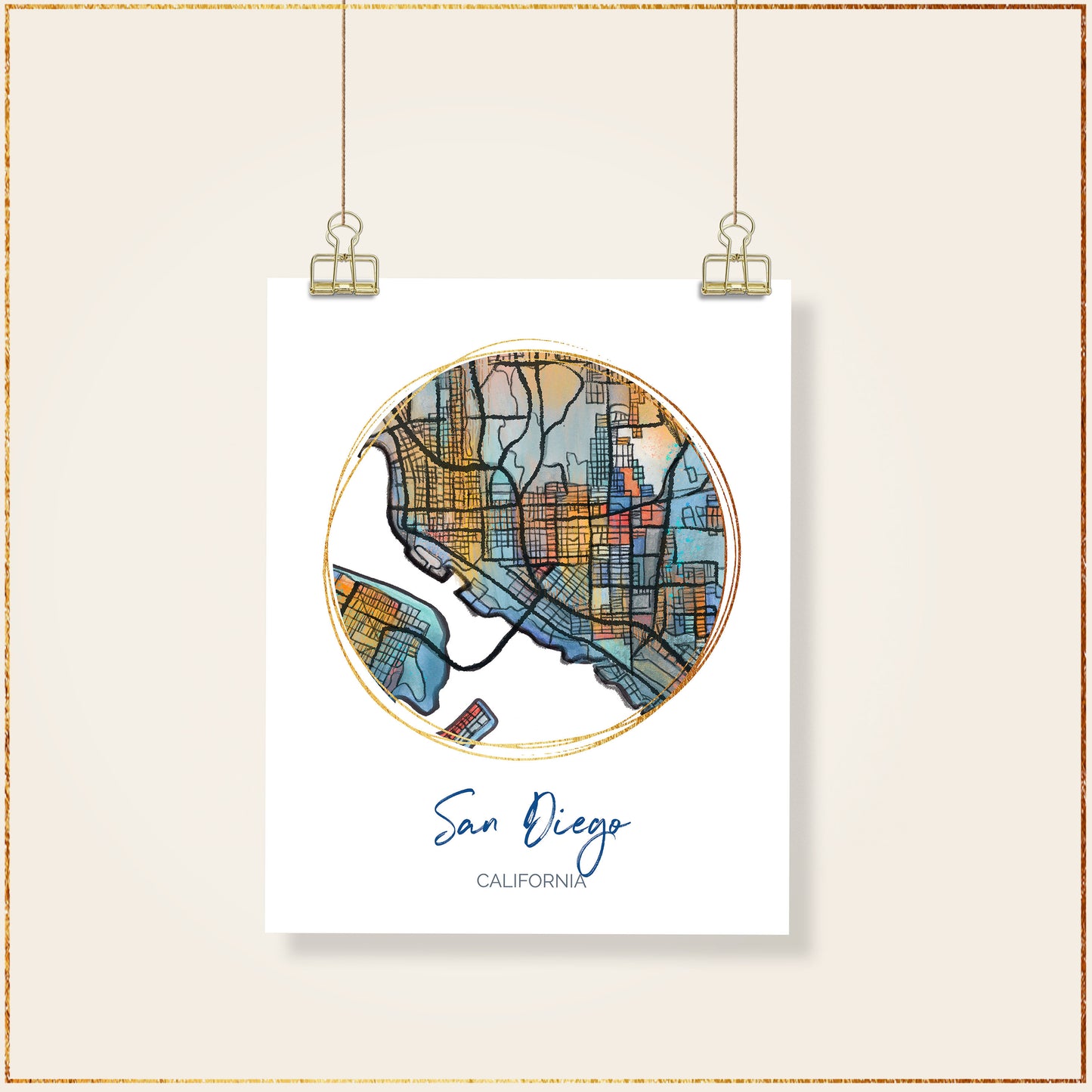 San Diego CA Map Art - Digital Fine Art Print. Full Color.