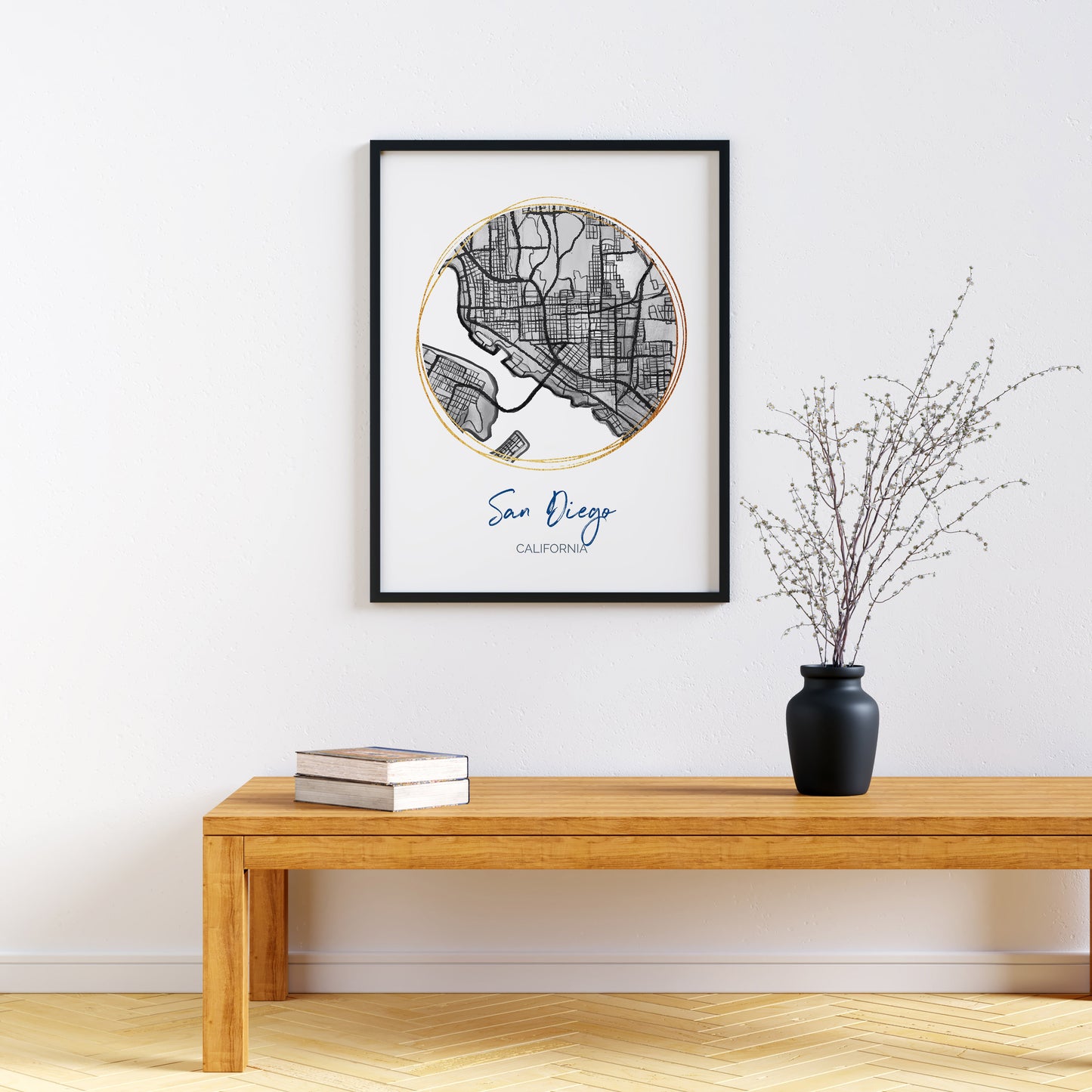 San Diego CA Map Art - Digital Fine Art Print. Black & White