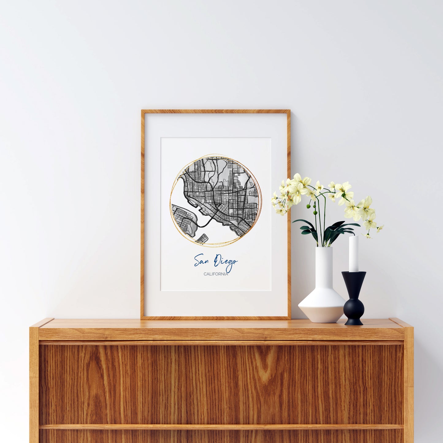 San Diego CA Map Art - Digital Fine Art Print. Black & White