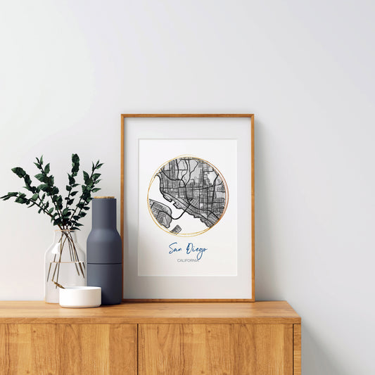 San Diego CA Map Art - Digital Fine Art Print. Black & White