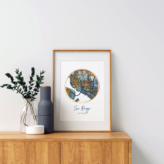 San Diego CA Map Art - Digital Fine Art Print. Full Color.