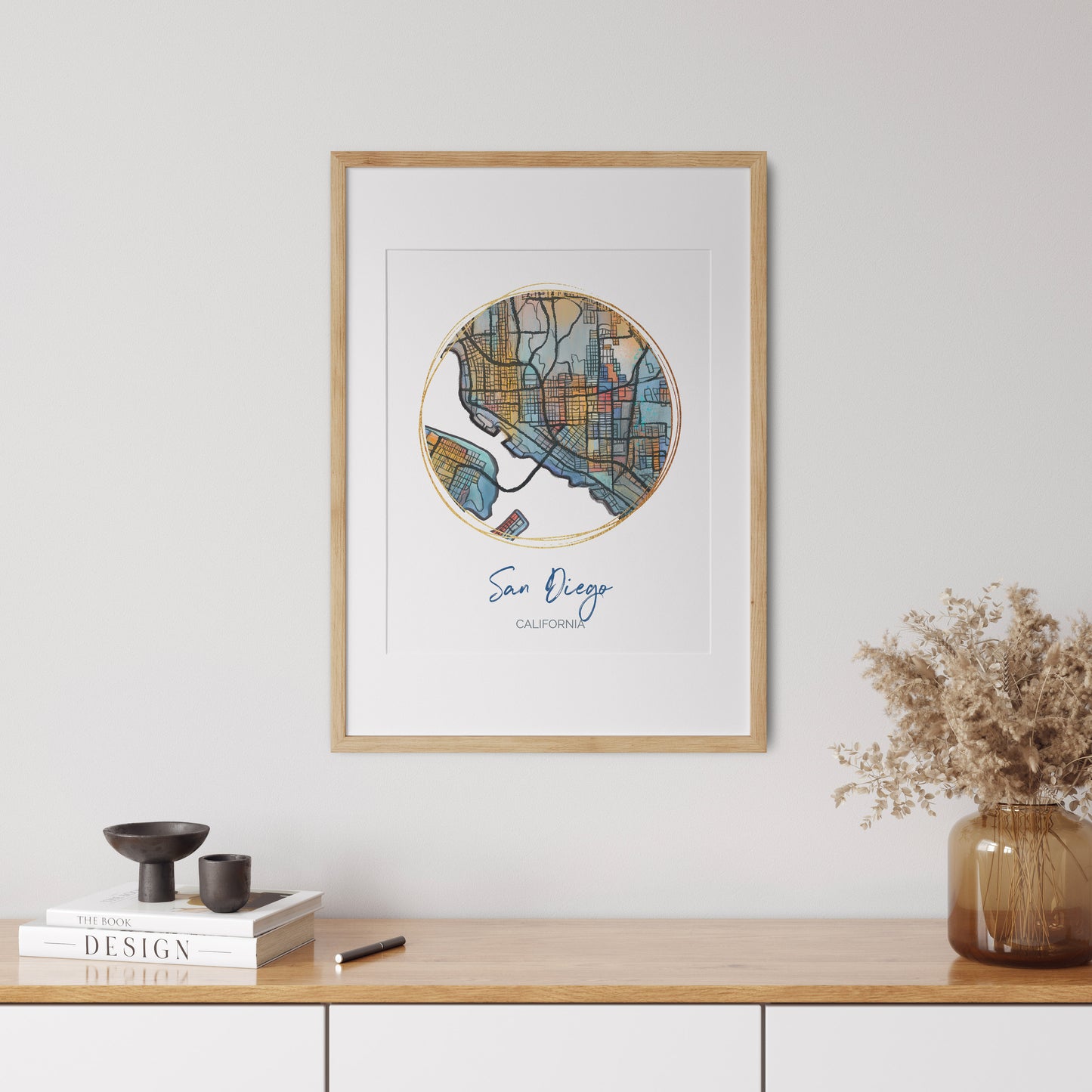 San Diego CA Map Art - Digital Fine Art Print. Full Color.
