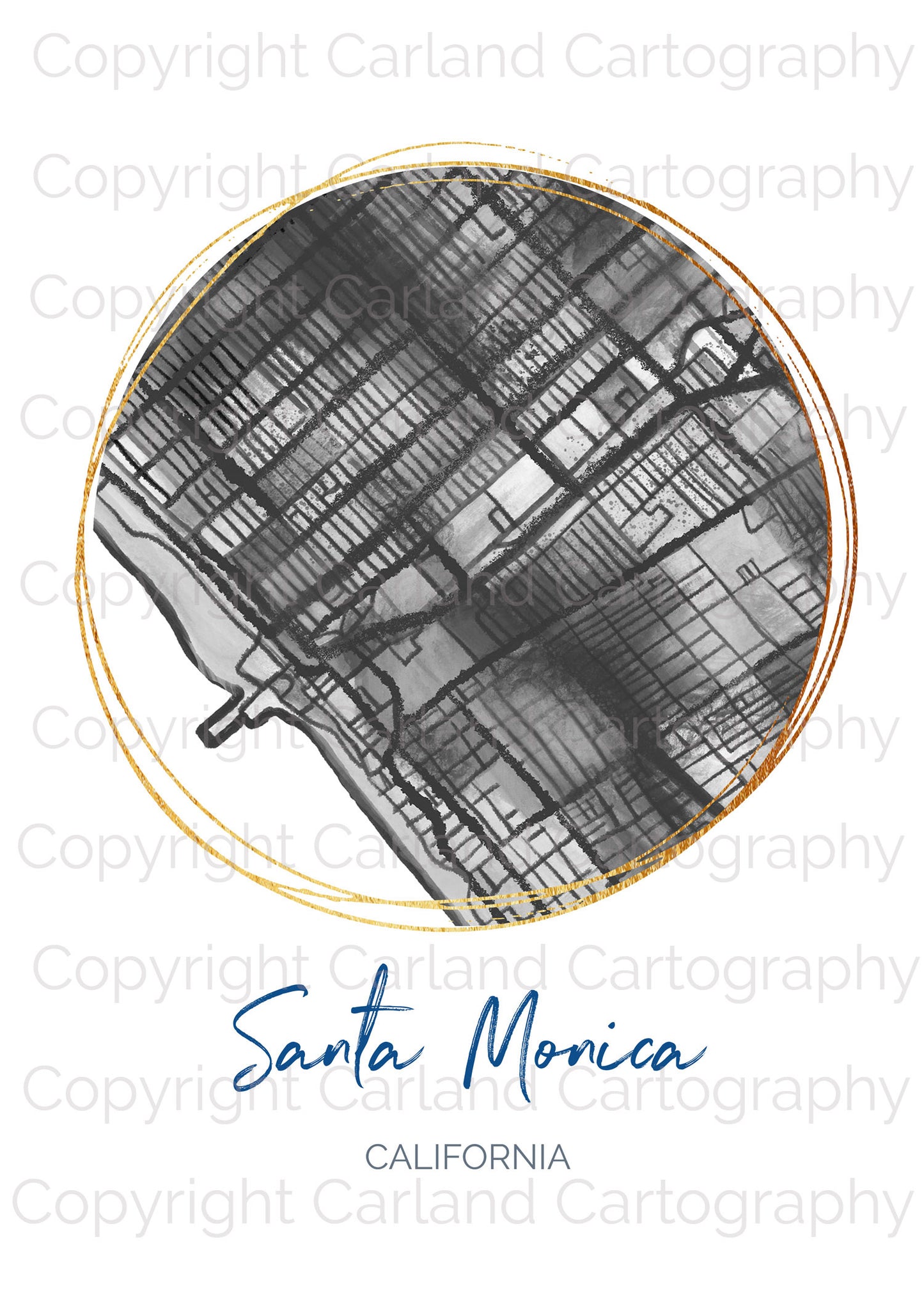 Santa Monica CA Map Art - Digital Fine Art Print. Black & White