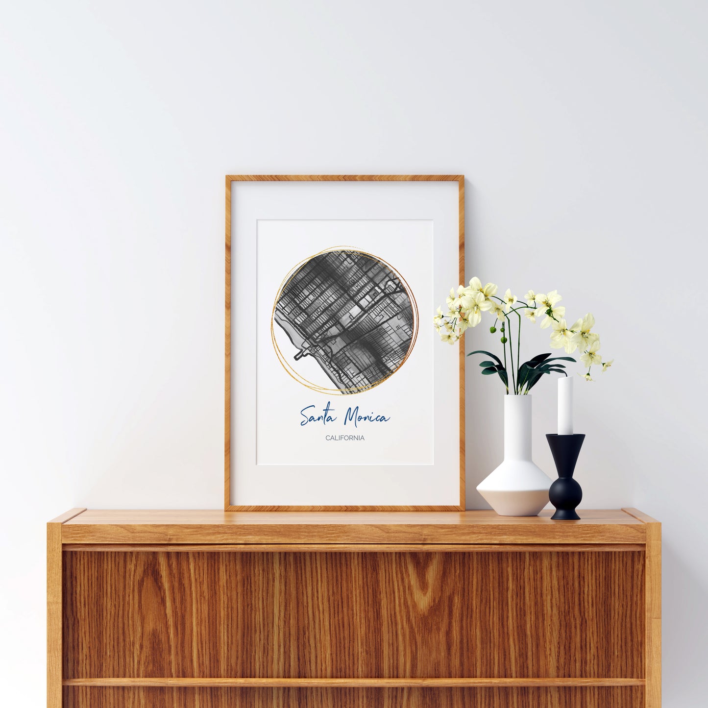 Santa Monica CA Map Art - Digital Fine Art Print. Black & White