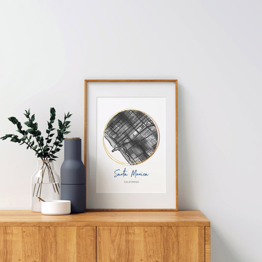 Santa Monica CA Map Art - Digital Fine Art Print. Black & White