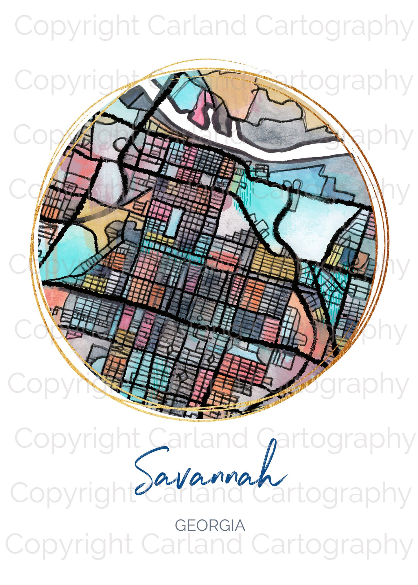 Savannah GA Map Art - Digital Fine Art Print. Full Color.