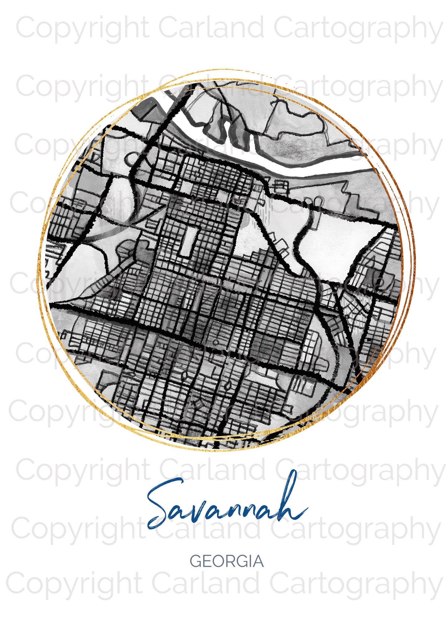 Savannah GA Map Art - Digital Fine Art Print. Black & White