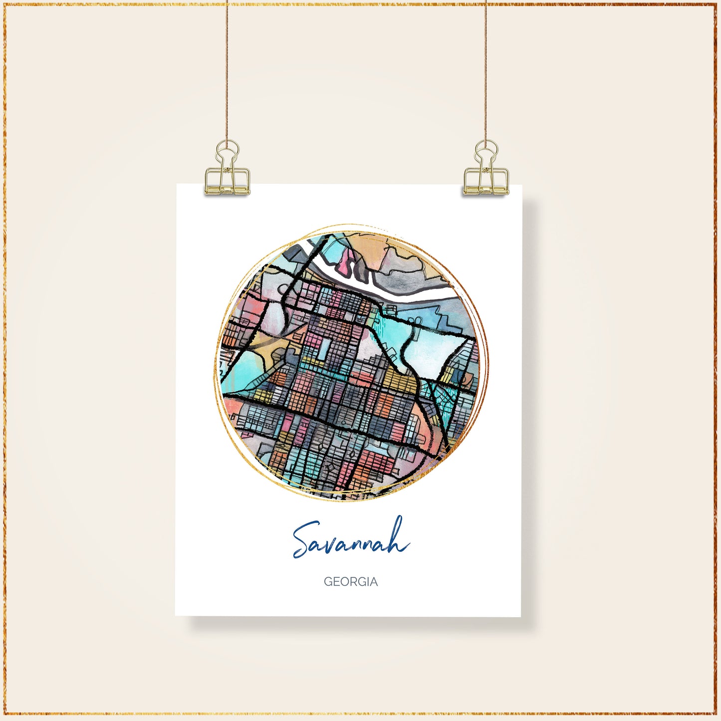 Savannah GA Map Art - Digital Fine Art Print. Full Color.