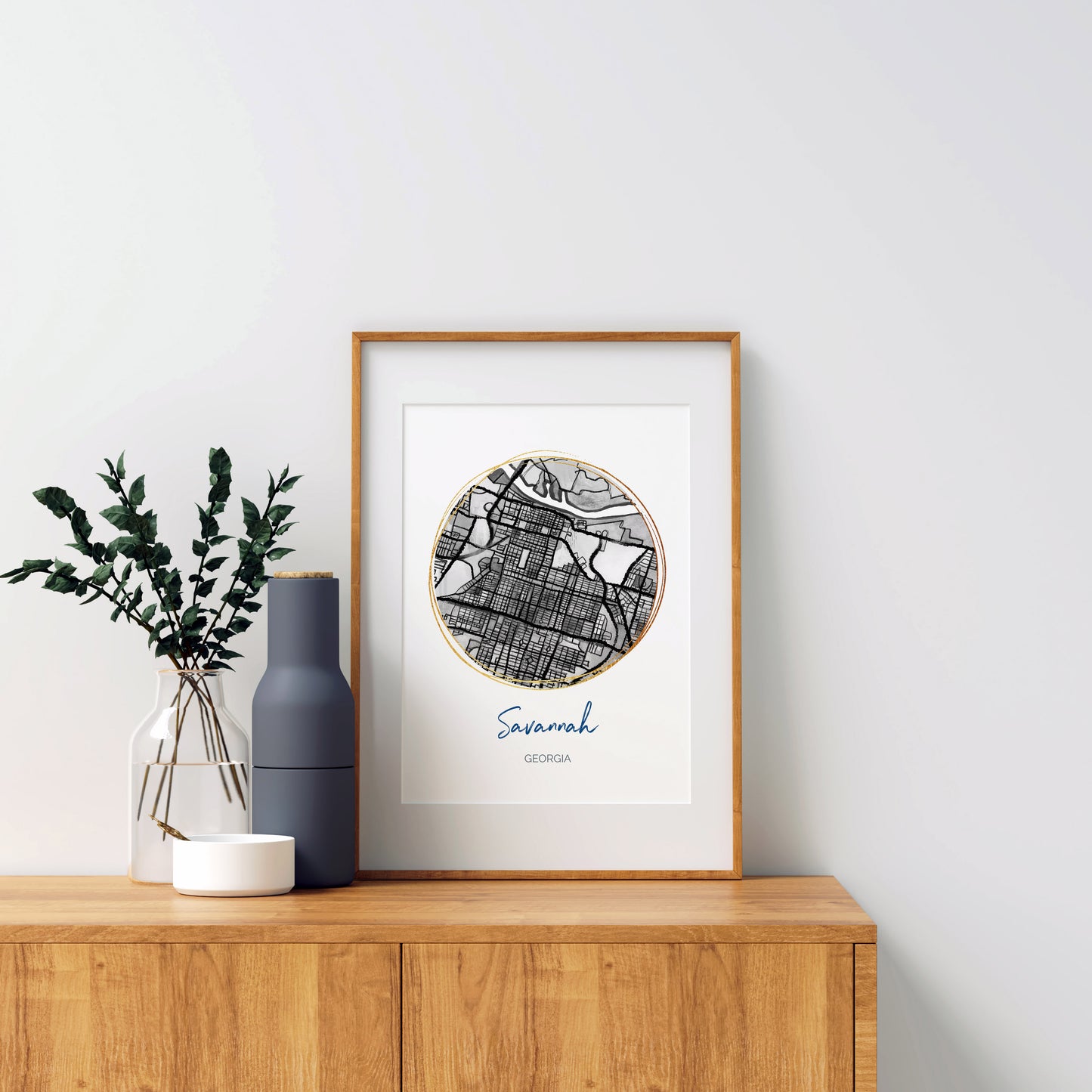 Savannah GA Map Art - Digital Fine Art Print. Black & White