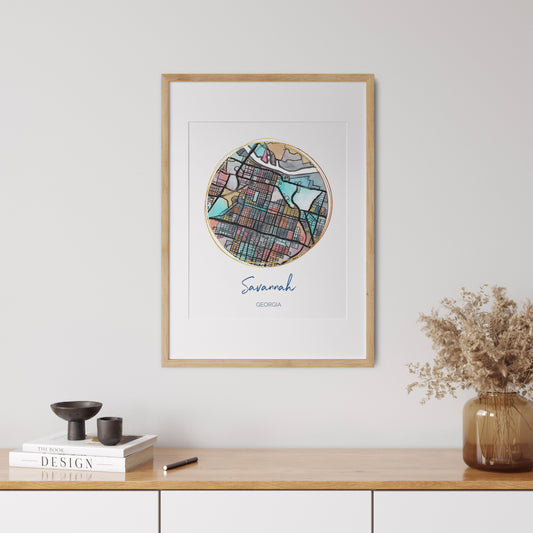 Savannah GA Map Art - Digital Fine Art Print. Full Color.