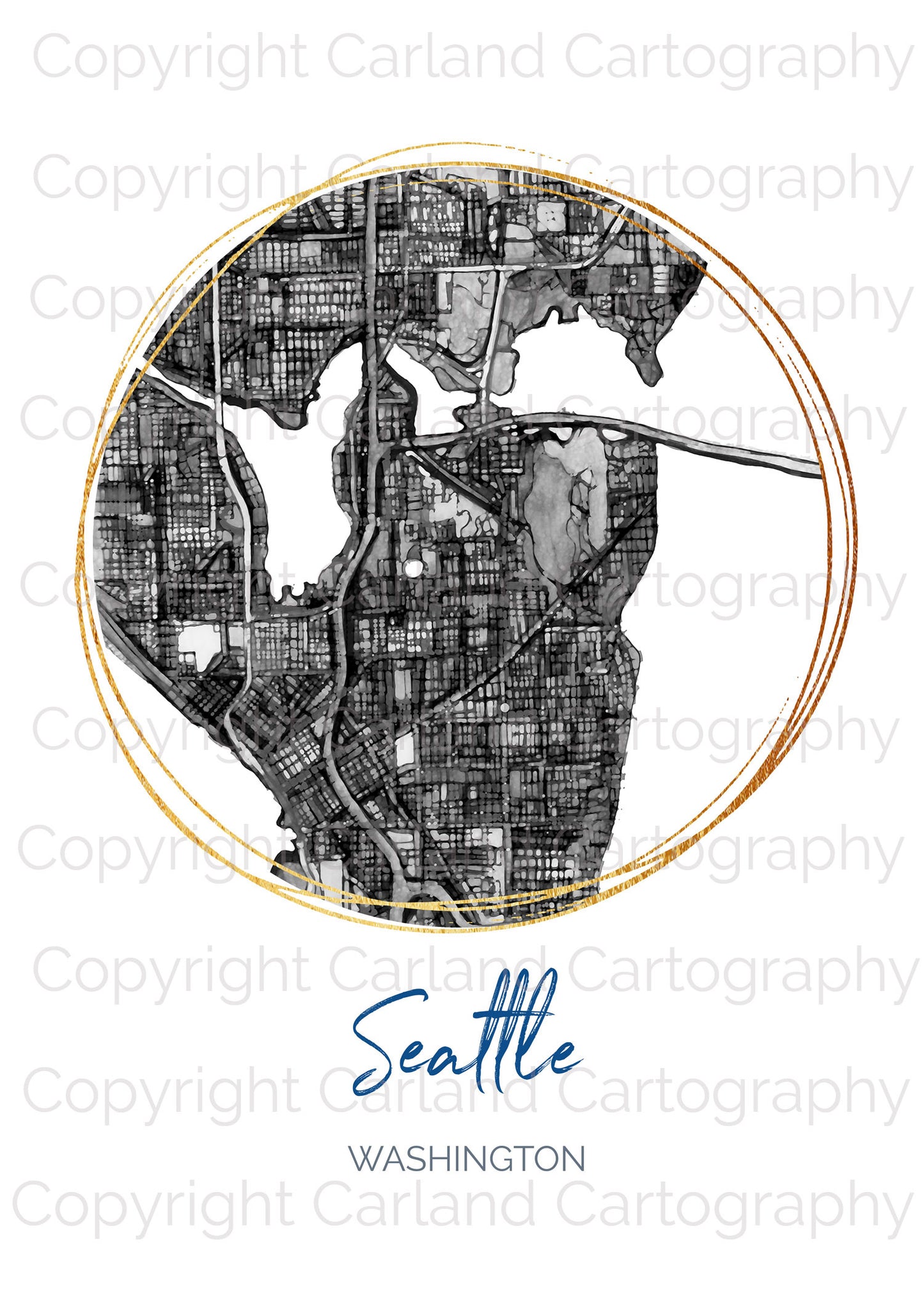 Seattle WA Map Art - Digital Fine Art Print.  Black & White