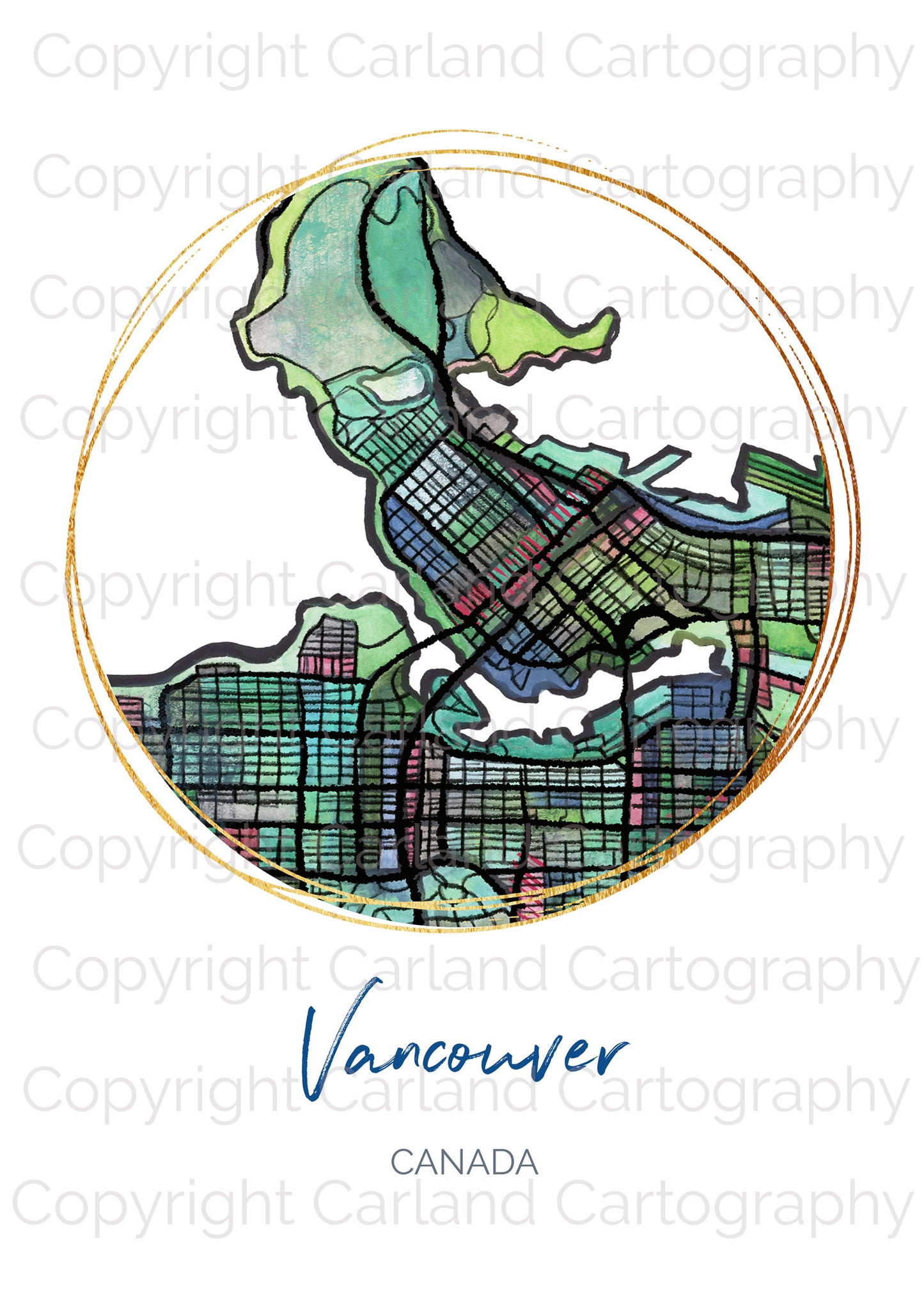 Vancouver BC Map Art - Digital Fine Art Print. Full Color.
