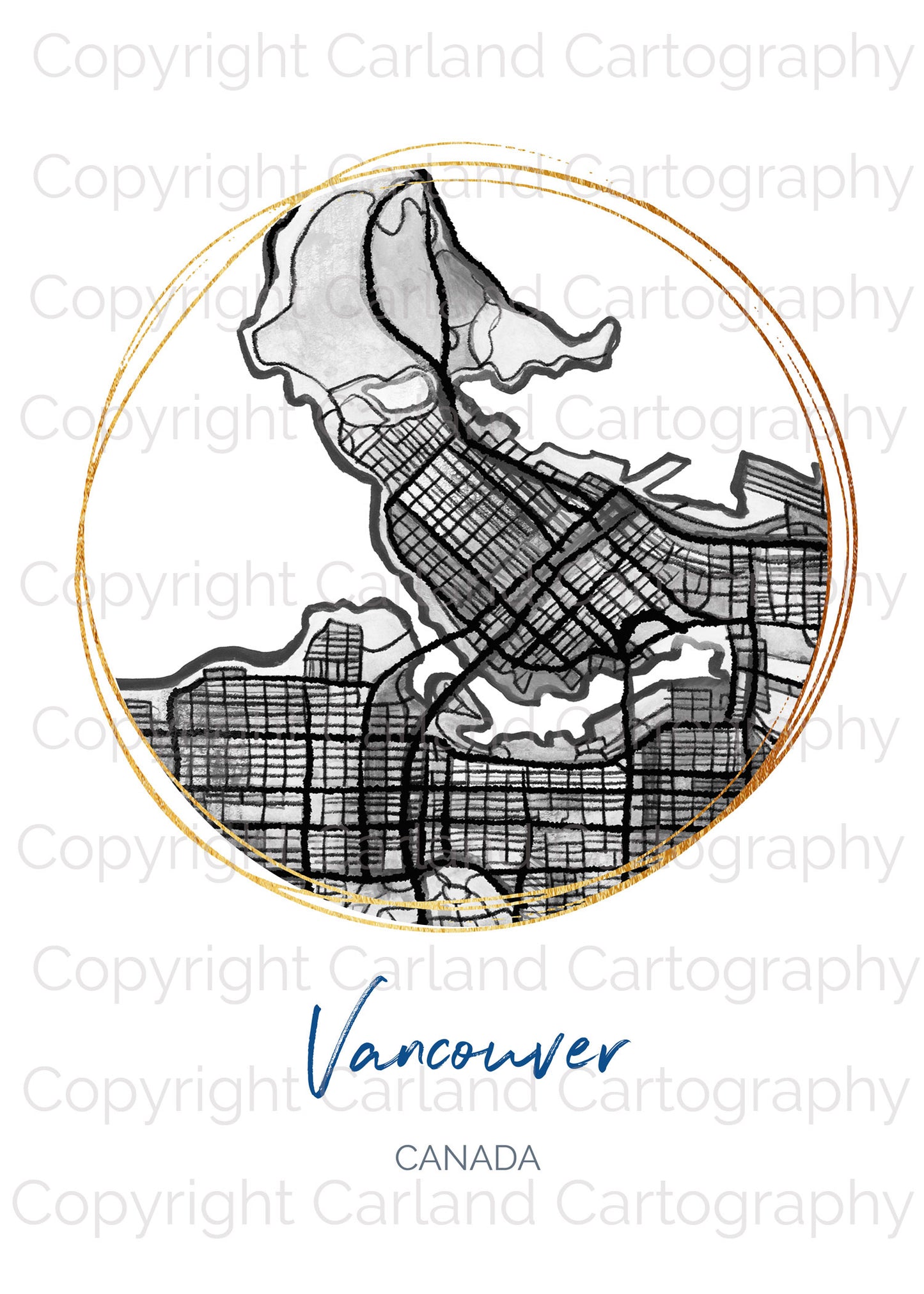 Vancouver BC Map Art - Digital Fine Art Print.  Black & White
