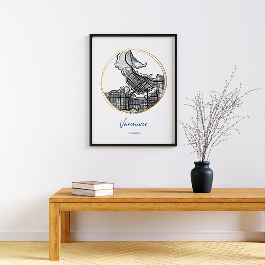 Vancouver BC Map Art - Digital Fine Art Print.  Black & White